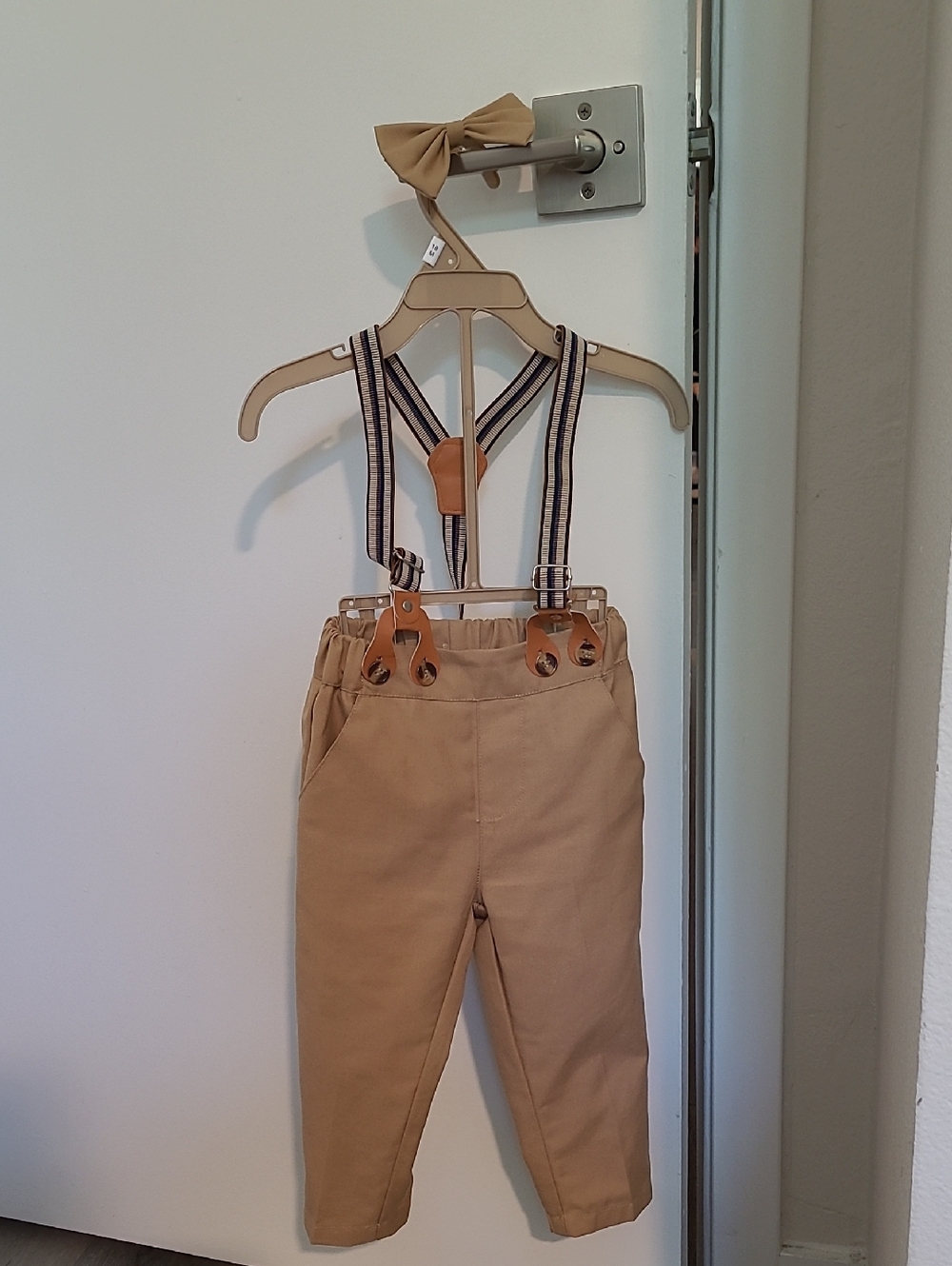 Baby Boy Dress Pants Suspender Bowtie Brown Tan 12-18 Months Toddler